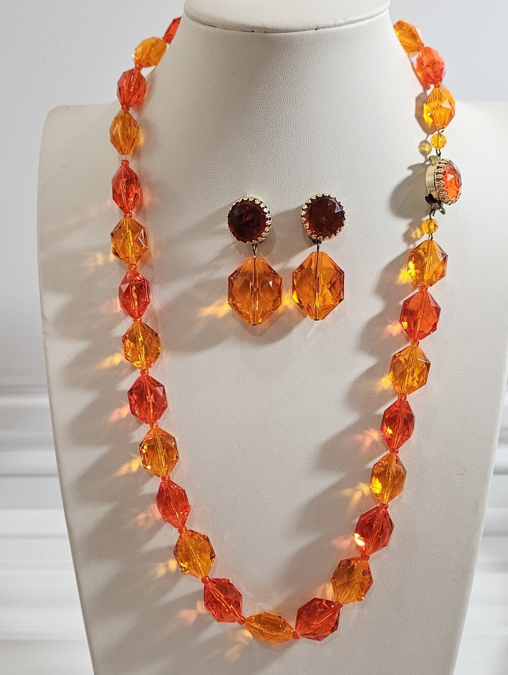 Vintage West Germany Lucite Orange Amber  Faceted Bead Necklace & Earring Set